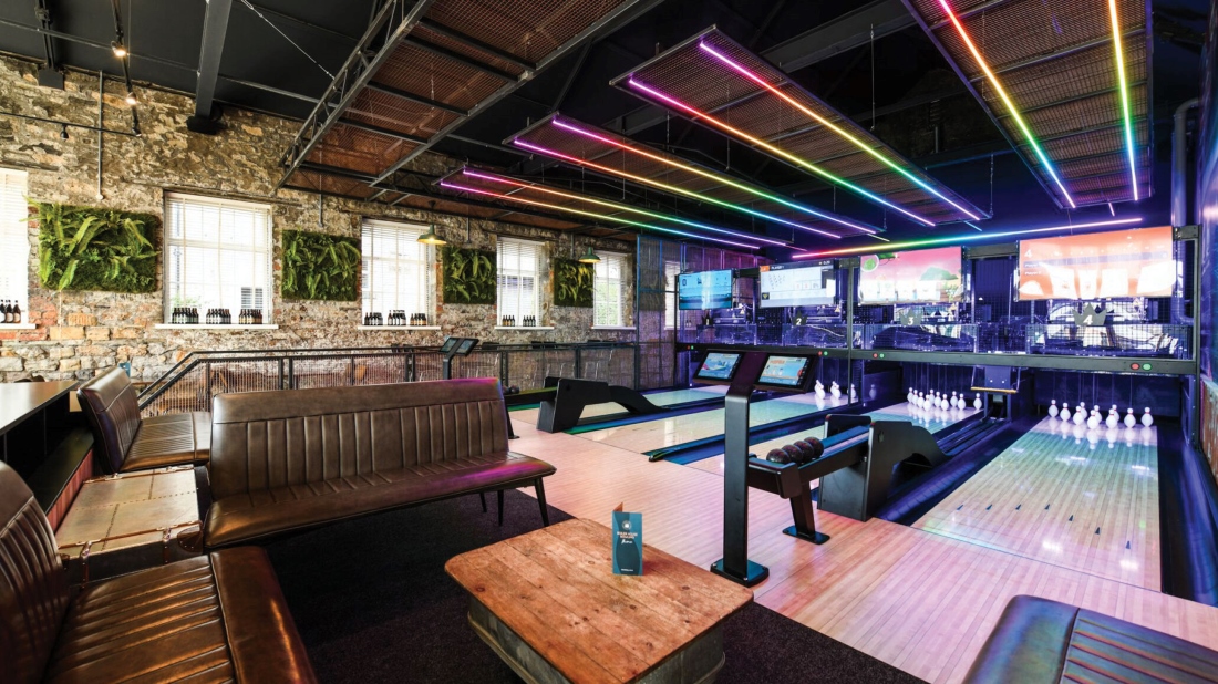 The Boiler House bowling alley lanes, Brunswick Bowling pinsetters, couches in the Clitheroe, United Kingdom