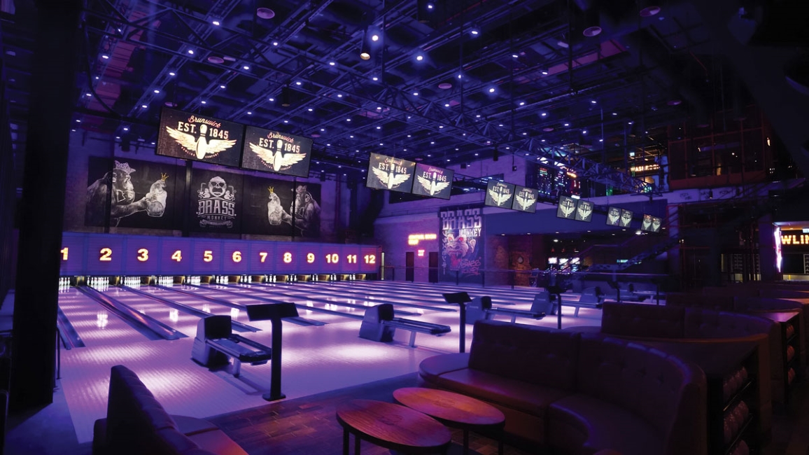 Brunswick distributor AKI Fitness - The Brass Monkey Dubai bowling alley lanes and lounge area 