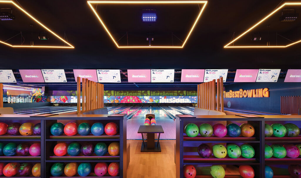 Modern bowling lanes at Ilusiona Zaragoza in Spain