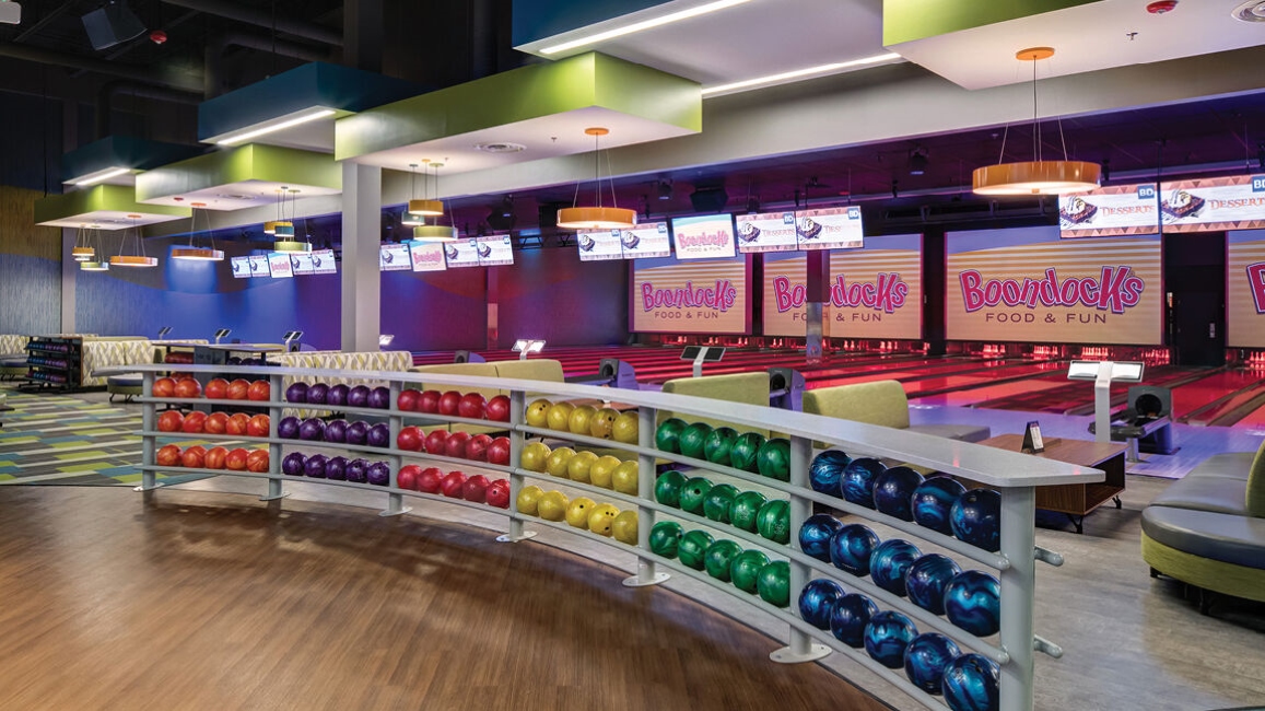 Brunswick Bowling - Boondocks bowling alley balls and lounge area in Colorado, USA